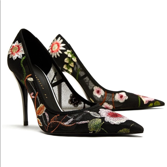 Zara Shoes - Zara Floral Embroidered Court Mesh Heels Pump Sz 7